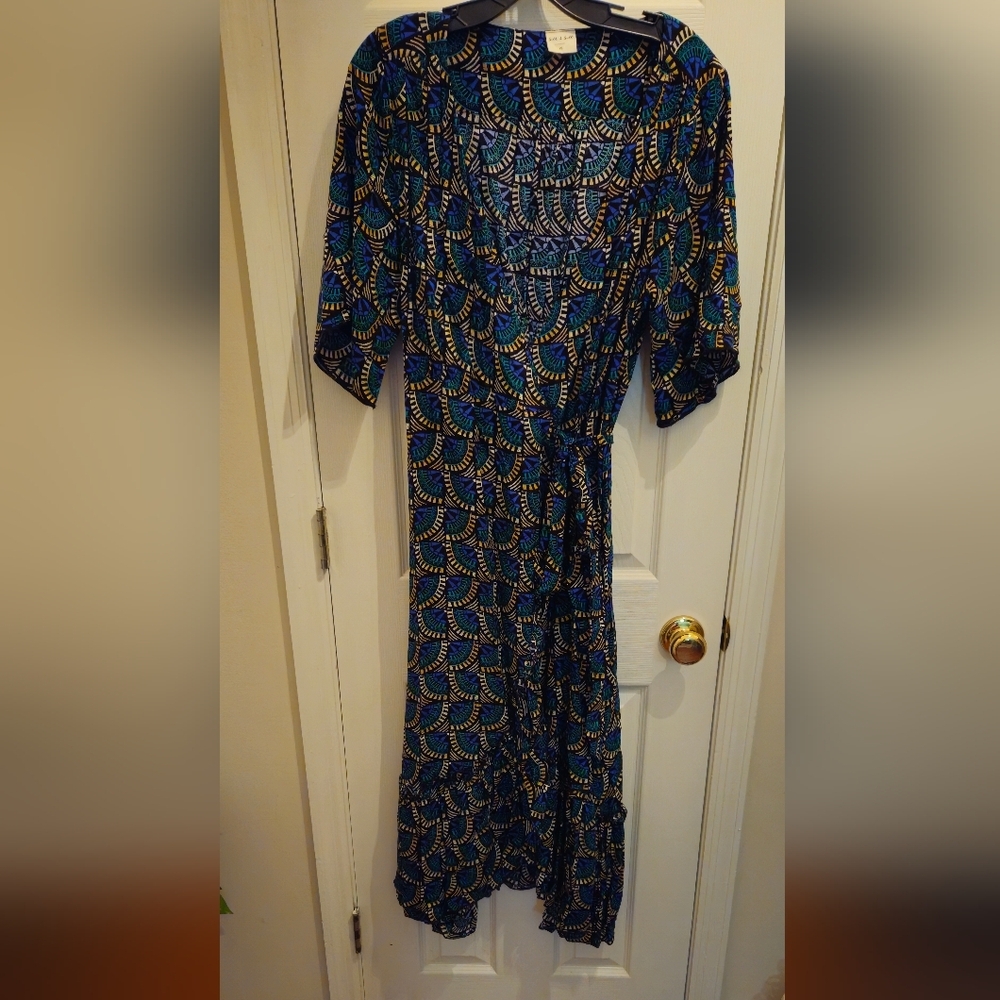 Silk & Salt Elegant Wrap Midi Dress In Peacock Inspired Colors -Size Medium - Picture 2 of 6
